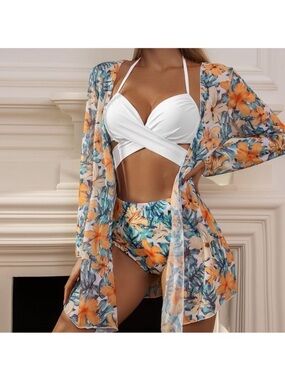 NWT Women’s White Halter Wrap Bikini Top with Floral High-Waist Bottoms W/Cover